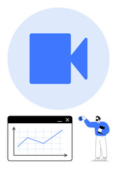 Video icon with a digital graph window and professional capturing video atop a circular backdrop. Ideal for communication, content creation, analytics, teamwork, marketing, learning, innovation. Flat