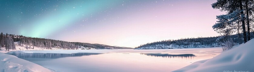 Obraz premium Panoramic view of Northern Lights over icy lake,snow-covered forests and starry sky.
