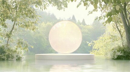 Futuristic podium with organic curves and sharp edges, dramatically lit to highlight sustainable manufacturing systems in a lush, green setting.