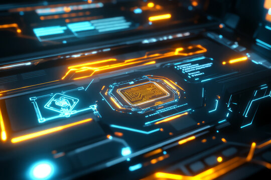 A futuristic data flow representation with a 3D hexagonal background displaying live holographic analytics. The glowing information panels, interconnected network nodes, and abstract AI processing