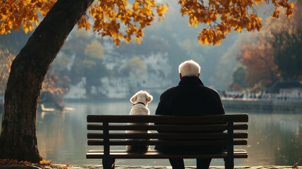 Elderly man and his small poodle dog sitting on bench by lake,copy space,emotional tone.