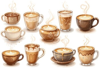 set of coffee cups in a white background