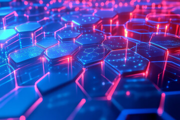 Fototapeta premium A cybernetic-themed 3D background with hexagons layered over one another, forming an intricate, futuristic design. The neon blue and red accents add a powerful high-energy effect, making the scene