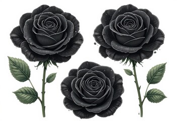 set of black roses in a white background