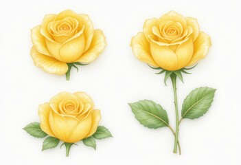 set of yellow roses in a white background