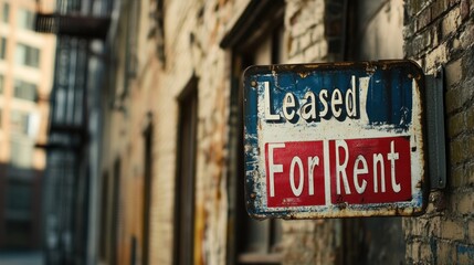 Obraz premium Vintage Leased Sticker Over For Rent Sign on Weathered Brick Building Exterior