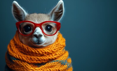 Adorable Animal Wearing Glasses and Colorful Scarf Against Neutral Background