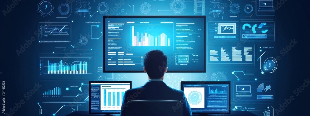 Poster professional analyst working on multiple screens with data visualizations