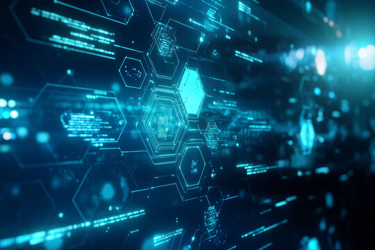 A futuristic holographic interface in 3D where floating hexagonal grids display complex data streams, graphs, and neural connections. The semi-transparent neon blue and white overlays add a sleek, sci