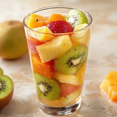 A glass cup filled with a fruit cocktail, showcasing fresh-cut tropical fruits submerged in juice