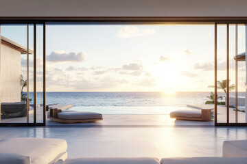 Obraz premium A tropical beachside villa 3D background room with wide-open glass doors leading to a private infinity pool. The minimalist modern interior is bathed in warm sunlight, enhanced by the gentle sound of