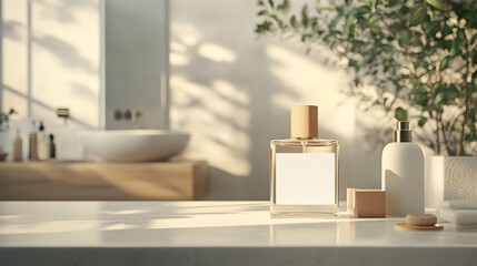 A perfume bottle in a bathroom setting with a blurred background, suggesting a clean and modern space.
