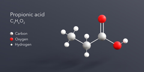 propionic acid molecule 3d rendering, flat molecular structure with chemical formula and atoms color coding