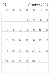 October 2025 calendar page isolated on white background.