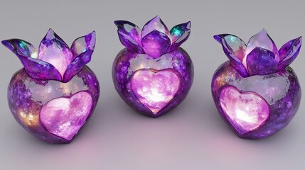 Three purple heart-shaped lamps with floral accents.  Inside, glowing hearts with starry patterns