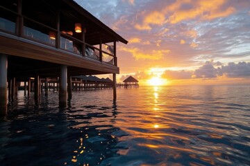 Fototapeta premium A picturesque sunset casts a warm glow over luxurious waterside cabins, reflecting the golden light on the tranquil blue waters, creating a serene and inviting feel.