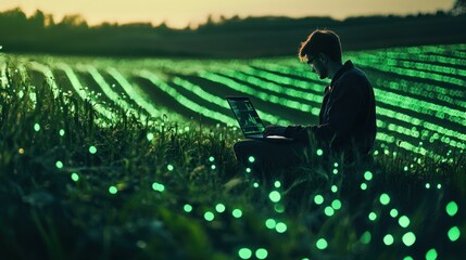 Precision agriculture: Data scientist analyzing crops on a luminous green field