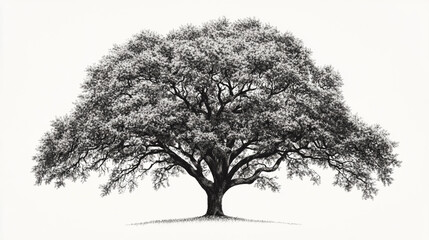 A detailed black and white illustration of a majestic tree, showcasing its natural beauty