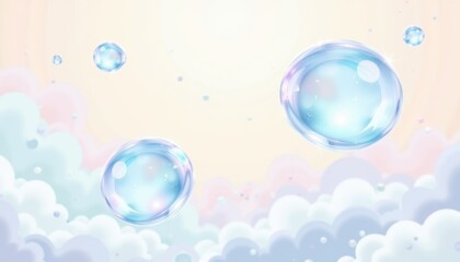 Floating Abstract Orbs: Illustrate a whimsical scene with rounded, floating objects made of glass or plastic