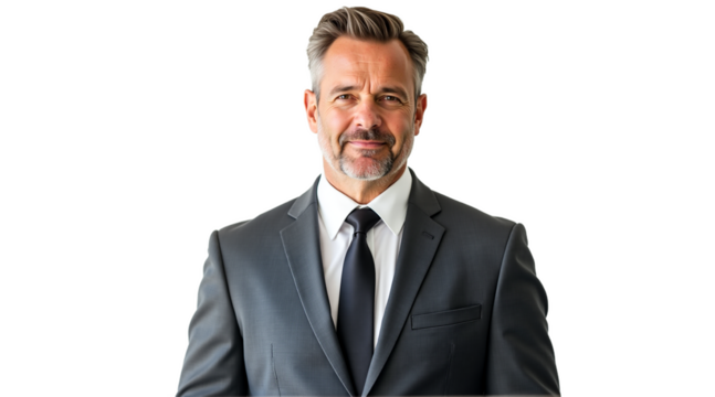 Businessman headshot, gray suit, isolated on white background. Confident executive portrait. Monochromatic studio shot. Isolated on transparent background.
