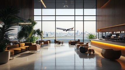 Modern airport lounge with panoramic views of the runway and city skyline.  Large windows, comfortable seating, and a sleek design.  Empty, waiting area.