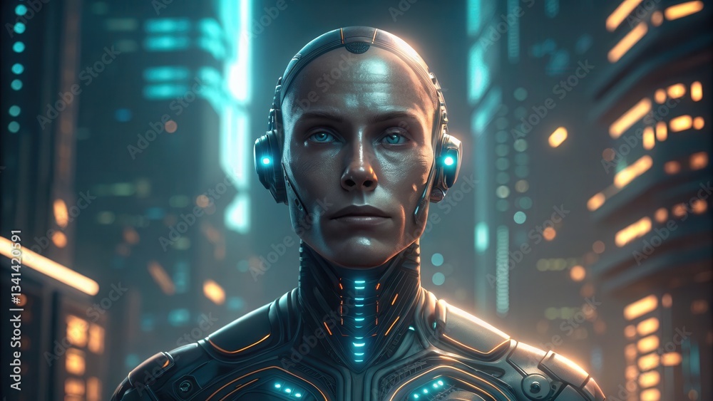 Aufkleber futuristic humanoid robot in a neon-lit cityscape, showcasing advanced technology and design.