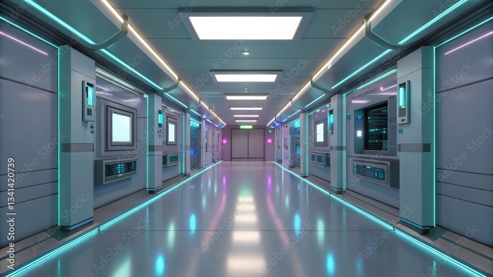 Poster futuristic hallway with glowing elements and sleek design.