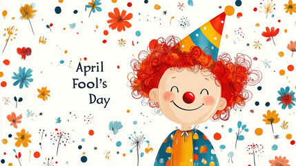 Cheerful clown celebrating april fool's day with colorful floral background. Holiday card. Children's illustration. April 1st