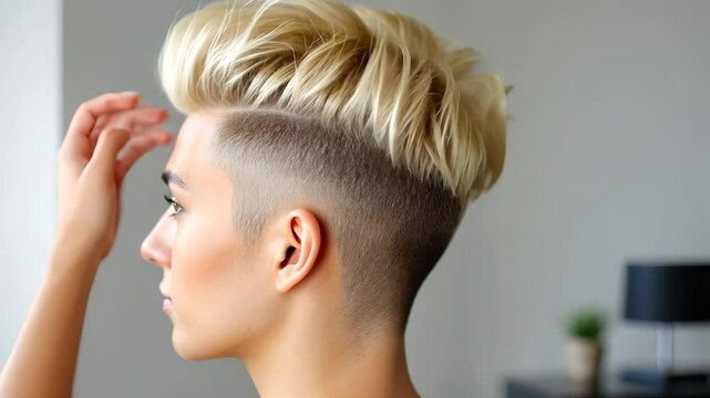 Short blonde hair behind an undercut and side part, at the barbershop getting her haircut, from with video 4k