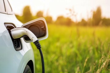 Futuristic electric vehicle charging with biofuels in nature automotive image eco-friendly environment