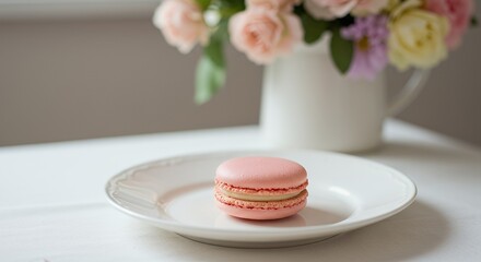 Delicate Pink Macaron on Elegant White Plate, Perfect for a Sweet Treat