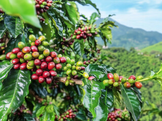 fresh coffee bean on the coffee tree in natural farm background