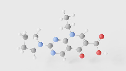 piromidic acid molecule 3d, molecular structure, ball and stick model, structural chemical formula antibiotic
