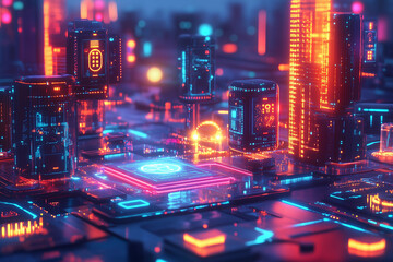 a computer chip with a red light on it's side and a black background with orange and blue lights