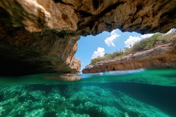 An enchanting underwater perspective looking out from a rocky cave, showcasing clear turquoise waters and vivid natural textures that define aquatic beauty.