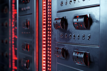 Obraz premium A futuristic industrial 3D background featuring hexagonal metal plates with engraved numbers and barcodes, forming an advanced cyber-security interface. The subtle metallic sheen and dim neon