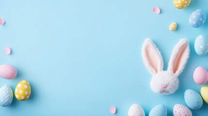 Easter - themed Image with Bunny Ears and Colorful Eggs on a Blue Background