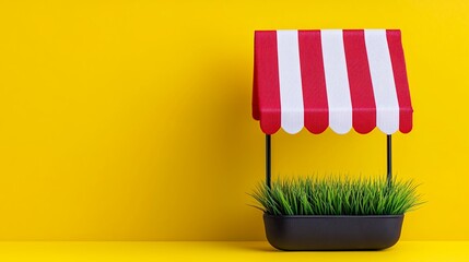 Miniature Market Stall with Red and White Striped Awning on Yellow Background
