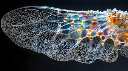 Macro Shot of a Tiny Insect Wing Showcasing Fine Details and Vibrant Colors Against Dark Background