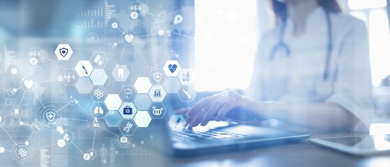 Healthcare Data Management and Diagnostics Illustrated on a Virtual Screen.