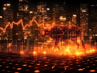 Fototapeta premium Neon Dog Walking in City with financial graph in background