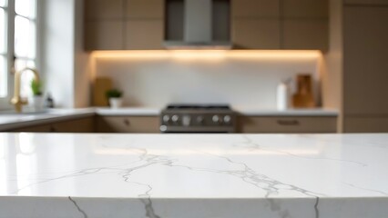 Marble table top front view, blur minimalistic dark scandy kitchen interior background, for montage product display or design key visual layout