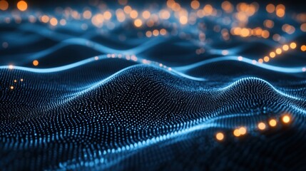 Abstract digital landscape of glowing particles in motion