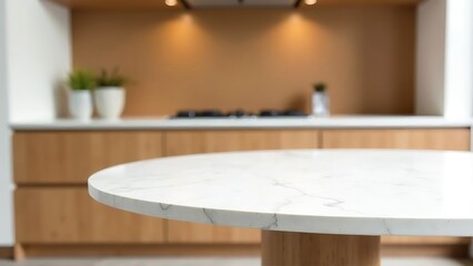 Fototapeta premium Marble empty white table top fron view, blur minimalistic scandy kitchen interior background in brown wooden colour and light wood, for montage product display or design key visual layout