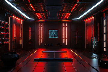 A high-tech cyber dojo 3D background room with interactive training holograms, sleek black-and-red interior design, and glowing neon katana racks. The space blends traditional martial arts with