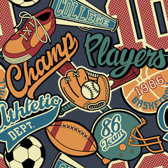 College athletic department sporting elements patchwork vintage vector seamless pattern for children kid sport wear fabric t shirt sweatshirt pajamas
