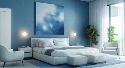 A modern bedroom showcasing minimalist design with blue accents and lighting