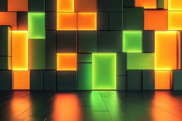 Abstract geometric background with glowing orange and green squares on dark wall, reflecting on wooden floor.