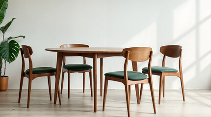 A wooden dining table with four chairs around it