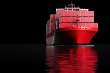 Red cargo ship sailing on calm water at night, creating a dramatic and visually striking image, representing global trade, transportation, and logistics